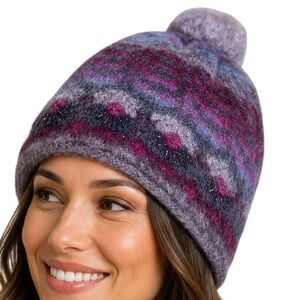 French Knot Purple Wool Mohair Blend Beanie Hat